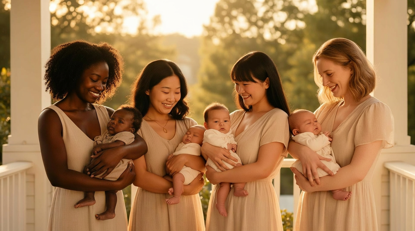 Diverse young mothers gently holding their babies on a sunlit front porch at golden hour