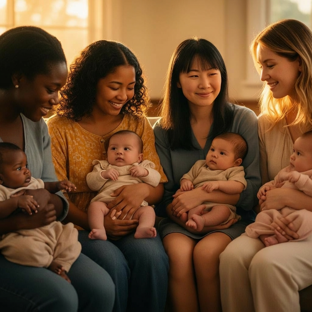 Four young mothers of diverse cultural backgrounds holding their babies in soft golden light